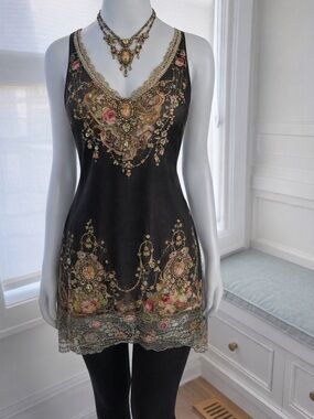 Michal Negrin Black Floral Embellished Lace Slip Dress
